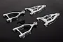 Rovan silver aluminium front suspension arm set for RC vehicles, including four arms and mounting hardware on a black background.