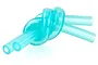 A length of translucent light blue silicone fuel tubing tied into a simple knot against a white background.