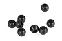 A collection of seven small, black metal pivot balls for RC car suspension components.