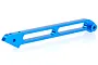 A blue anodized aluminium rear chassis brace for an RC car, featuring a lightweight skeletonized design with mounting holes.