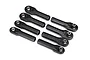 A set of eight black plastic rod ends with metal pivot balls for Traxxas RC vehicles arranged on a white background.