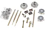 Tamiya metal drivetrain components including gears, shafts, and drive cups laid out on a white background.
