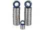 A set of metal ball bearings with blue rubber seals stacked in three columns against a white background.