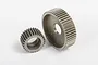 Two metal RC transmission gears of different sizes sitting on a white background.