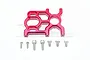 A red anodized aluminium motor mount for ARRMA RC vehicles, accompanied by seven various metal screws, set against a white background.