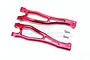 A pair of red anodized aluminium front upper suspension arms for ARRMA RC cars by GPM Racing, including two small mounting screws.