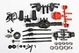 Axial AR44 complete locked axle set parts laid out on a white surface, including plastic housing, metal gears, drive shafts, bearings, and screws.