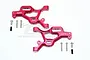 A pair of red anodized aluminium front lower suspension arms for an ARRMA RC vehicle, including mounting screws, set against a white background.