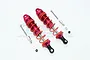 A pair of red GPM Racing adjustable aluminium shock absorbers for ARRMA RC cars, including mounting hardware on a white background.