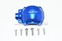 A blue anodized aluminium front differential housing for an RC car by GPM Racing, shown with six included mounting screws on a white background.