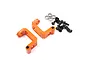 A pair of orange anodized aluminium front hub carriers for an RC car, accompanied by small metal ball studs, screws, and bearings on a white background.