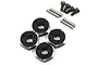 Four black aluminium 12mm RC wheel hex adapters with included metal pins and screws on a white background.