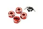 Four red aluminium 12mm wheel hexes with silver accents, accompanied by small metal pins and black screws on a white background.