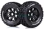 Two Louise SC-Pioneer RC car wheels with black spoke rims and aggressive tread patterns, set against a white background.