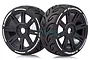 Two Louise 3.3 inch GT-Tarmac RC car wheels with black 8-spoke rims and treaded rubber tyres, set against a white background.