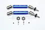 Two blue and silver GPM Racing universal drive shafts for RC cars, with included 12mm hex adapters, washers, and small screws on a white background.