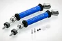 Two GPM blue anodized metal universal drive shafts for Traxxas RC vehicles, including 12mm hex adapters and small hardware components.