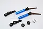GPM Racing blue and black steel universal drive shafts for Traxxas RC vehicles, including two 12mm hex adapters and two set screws on a white background.