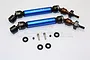 Two blue and black GPM Racing universal drive shafts for Traxxas RC vehicles, including small hardware like pins, grub screws, and rubber O-rings.