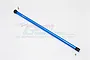 A blue anodized aluminium centre drive shaft for Traxxas Slash 4x4 LCG by GPM Racing, shown against a white background with small hardware components.