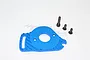 A blue anodized aluminium motor mount heat sink for Traxxas Slash 4x4 LCG with three included black screws on a white background.