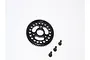 A black GPM Racing 54T steel spur gear with three matching black mounting screws on a white background.