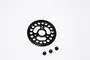 A black GPM Racing 56T steel spur gear with three small mounting screws on a white background.