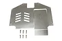 GPM Racing stainless steel chassis skid plate set for an RC vehicle, featuring a vented design, engraved logo, and six mounting screws on a white background.