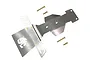 GPM Racing stainless steel front chassis skid plate set for RC car with included mounting screws on a white background.