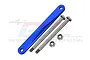 A blue anodized aluminium suspension arm pin brace with two long metal pins and two small nuts, set against a faint GPM Racing logo background.