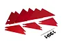 A set of red aluminium chassis panels for the Traxxas UDR, including various triangular shapes, mounting screws, and a drill bit.