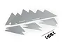 A set of silver aluminium chassis panels for the Traxxas UDR, including various triangular shapes, a drill bit, and small black screws.