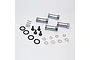 GPM Racing silver aluminium 12mm hex adaptors with +25mm offset for Traxxas Slash 4x4, including pins, screws, O-rings, and washers.