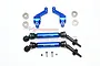 GPM blue aluminium rear hubs and universal drive shafts set for Traxxas Slash 4x4, including bearings and hardware on a white background.