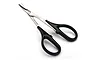 Traxxas branded curved hobby scissors with stainless steel blades and black plastic handles on a white background.
