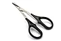 Traxxas branded straight hobby scissors with stainless steel blades and black plastic handles on a white background.