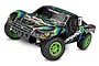 A Traxxas Slash 4x4 short course RC truck with a black, blue, and green livery on a white background.