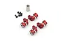 Yeah Racing red aluminium magnetic body hole marker kit components including four red mounts, four small screws, and a stack of magnets on a white background.
