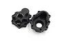 Two black aluminium outer portal drive housings for Traxxas TRX-4 by Yeah Racing, showing both front and back sides.