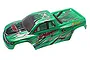 A green pre-painted RC truck body shell for the Xinlehong Spirit 9130, featuring black and silver racing decals.