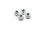 Four silver-coloured flanged nyloc nuts arranged on a white background.