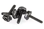 Four black metal washer head screws with coarse threads arranged on a white background.