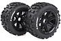 Two Louise B-ulldoze RC buggy wheels with black spoke rims and aggressive block tread tires, shown against a white background.