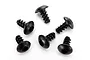 A top-down view of six black Traxxas coarse thread button head screws with hex drive heads arranged on a white background.