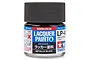 A 10ml glass jar of Tamiya LP-40 Metallic Black lacquer paint with a black ribbed screw-on cap, set against a white background.