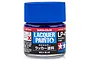 A small glass jar of Tamiya LP-41 Mica Blue lacquer paint with a blue plastic screw-top lid, set against a plain white background.