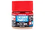 A 10ml glass jar of Tamiya LP-42 Mica Red lacquer paint with a red screw-top lid, set against a plain white background.