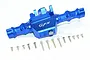 Blue anodized aluminium rear gearbox housing for Traxxas TRX-4 by GPM Racing, shown with included mounting screws on a white background.