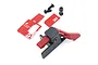 Yeah Racing TRX-4 ESC switch mount with red lever, black bracket, mounting screws, nuts, and 3M adhesive pads on a white background.