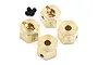 Four brass 12mm hex wheel adapters with Yeah Racing branding and four small black grub screws on a white background.